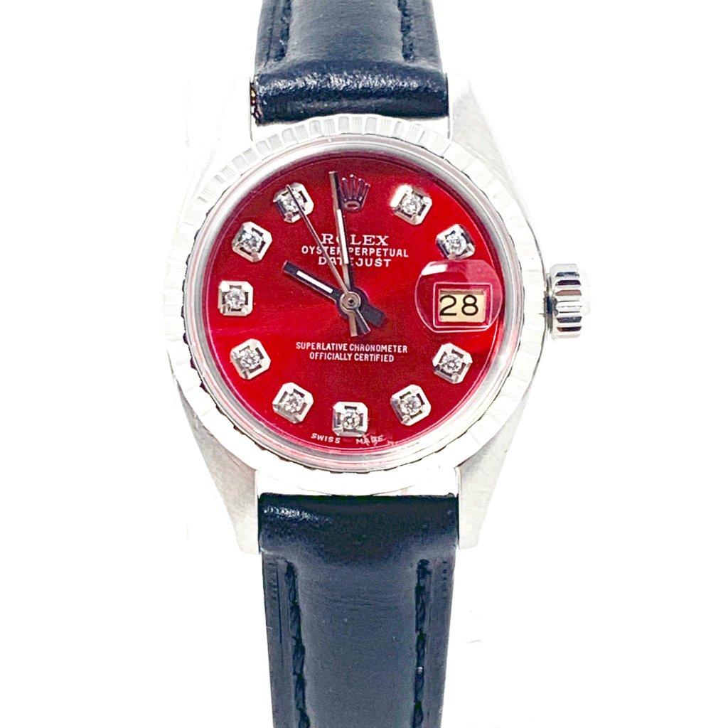 Sale Rolex Ladies 26mm Datejust Red Diamond On Black Leather